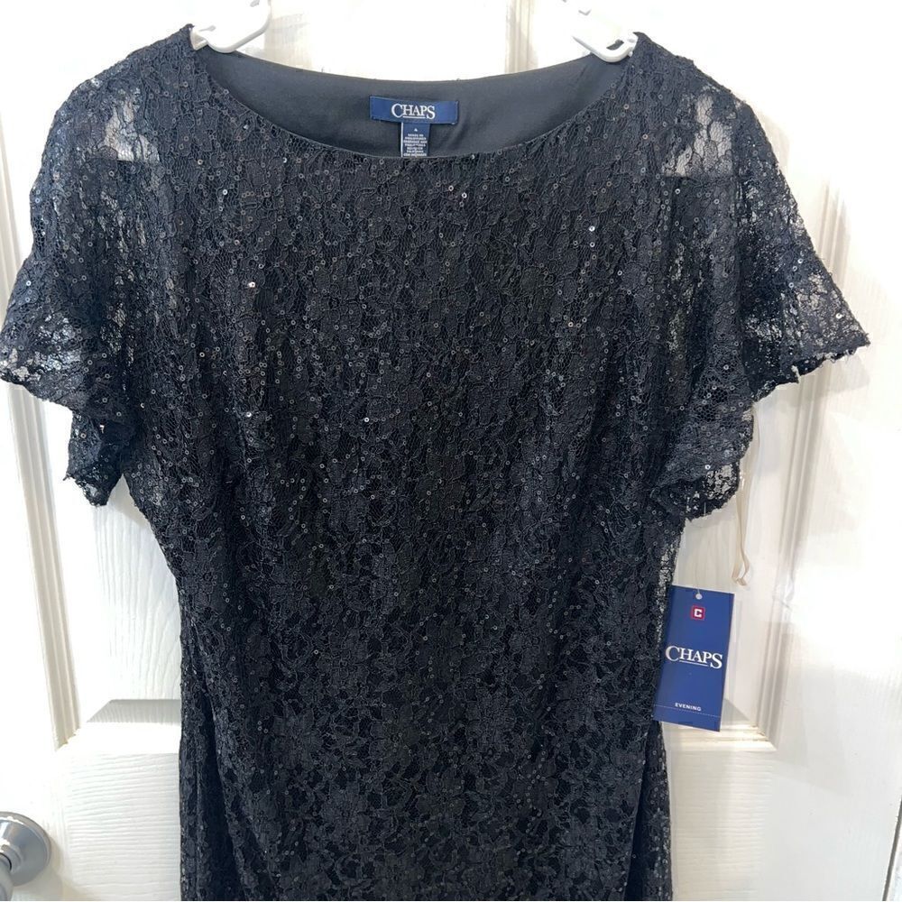 Chaps Semi Formal Black Lace and Sequin Midi dress size 4- New with tags - Picture 4 of 13